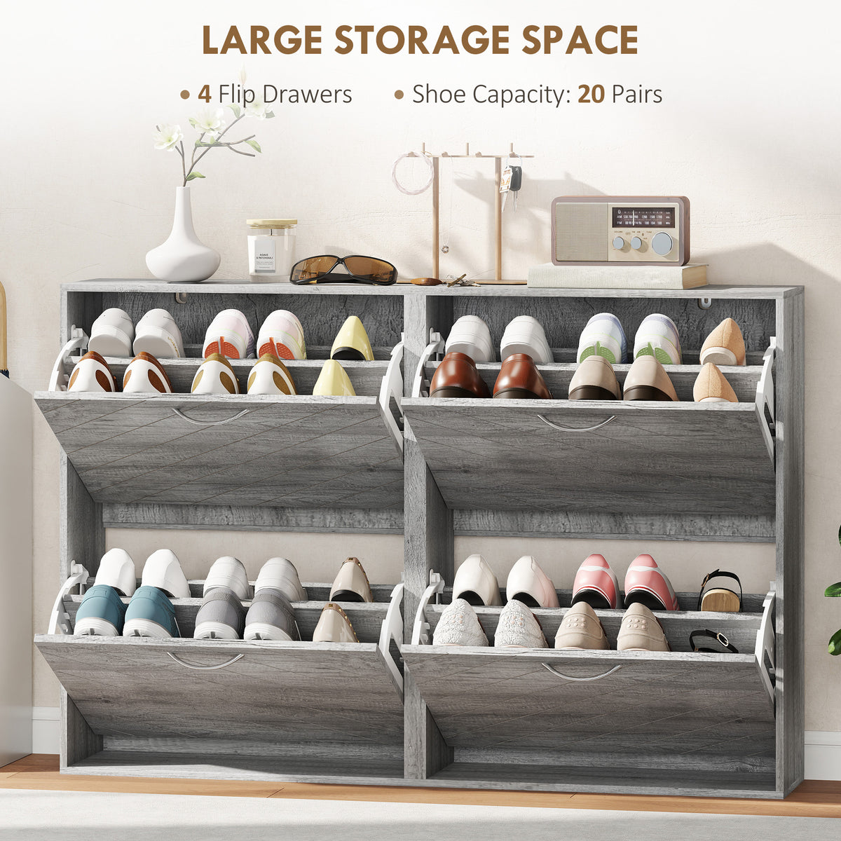 Grey Shoe Storage Cabinet | 45.5" Wide Entryway Cabinet with 4 Flip Drawers