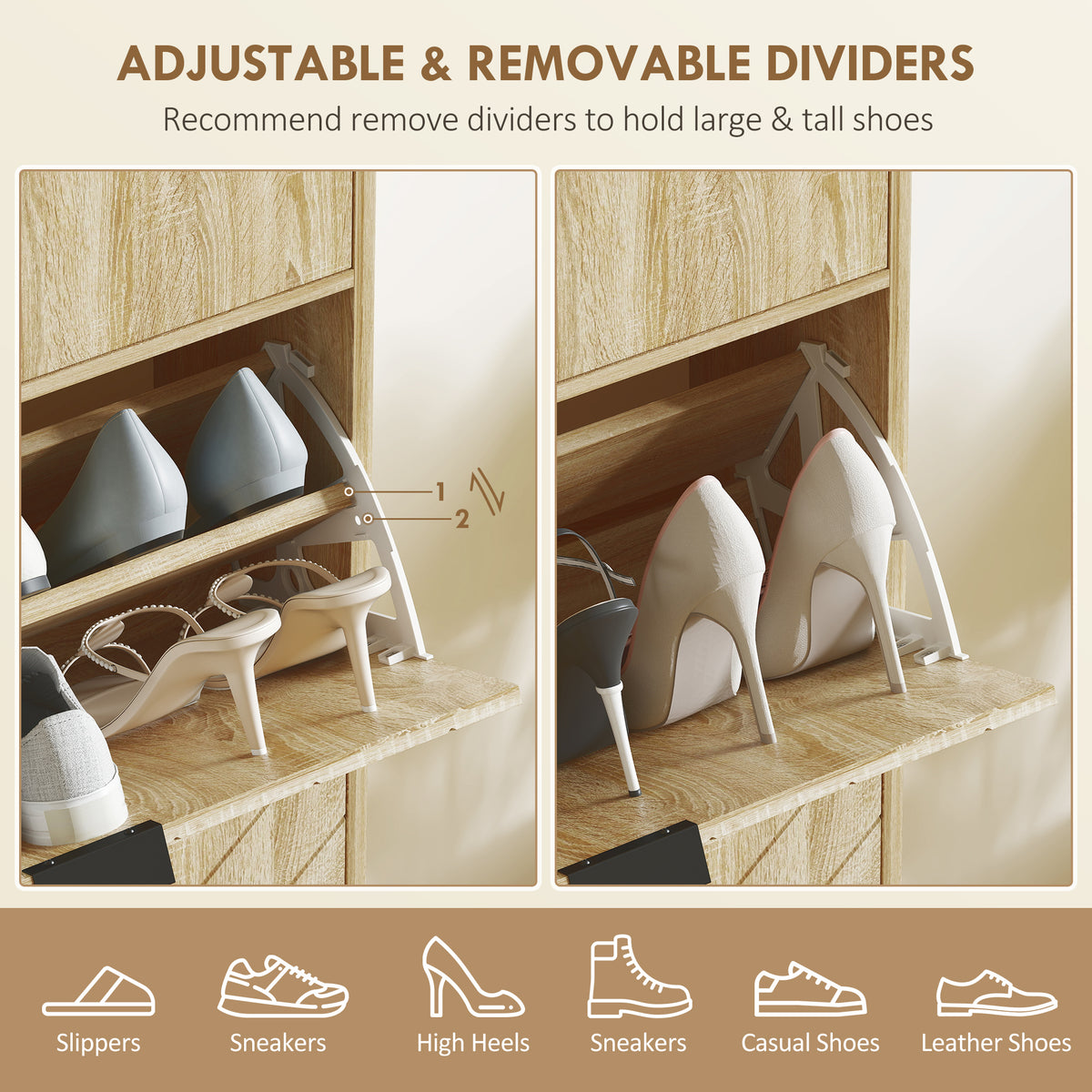 Oak Narrow Shoe Storage Cabinet | 41.5" Entryway Cabinet with Flip Drawers, Holds 8 Pairs
