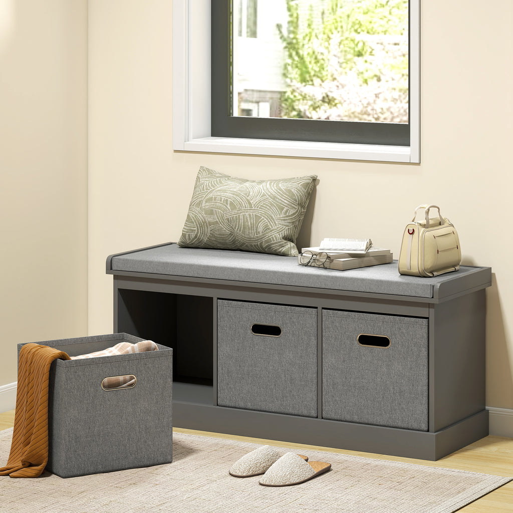 Dark Grey Shoe Storage Bench | 41.3" Entryway Bench with Cushion and Fabric Drawers