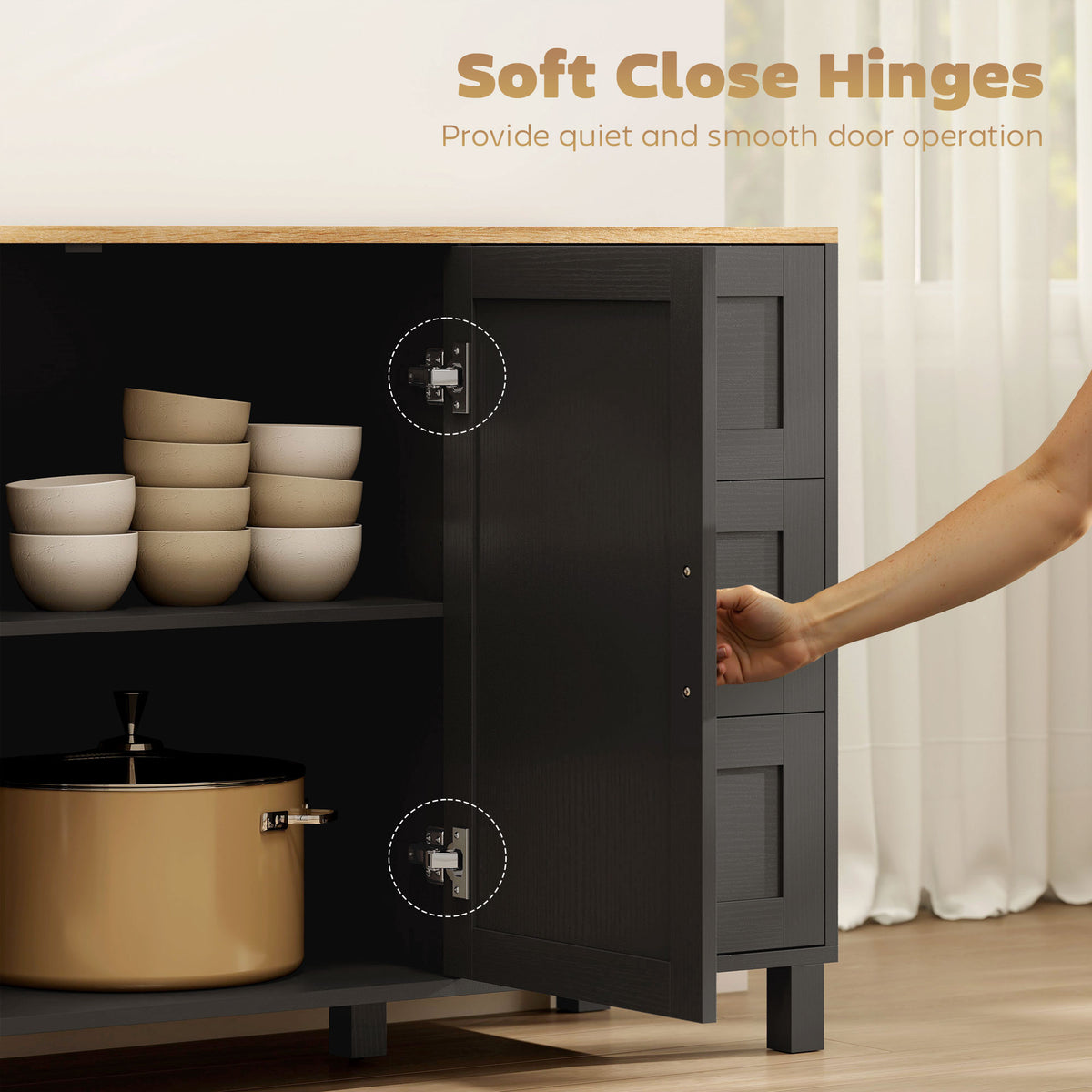 Black Modern Buffet Sideboard | 47.2" Wide Cabinet with Soft-Close Doors and 3 Drawers