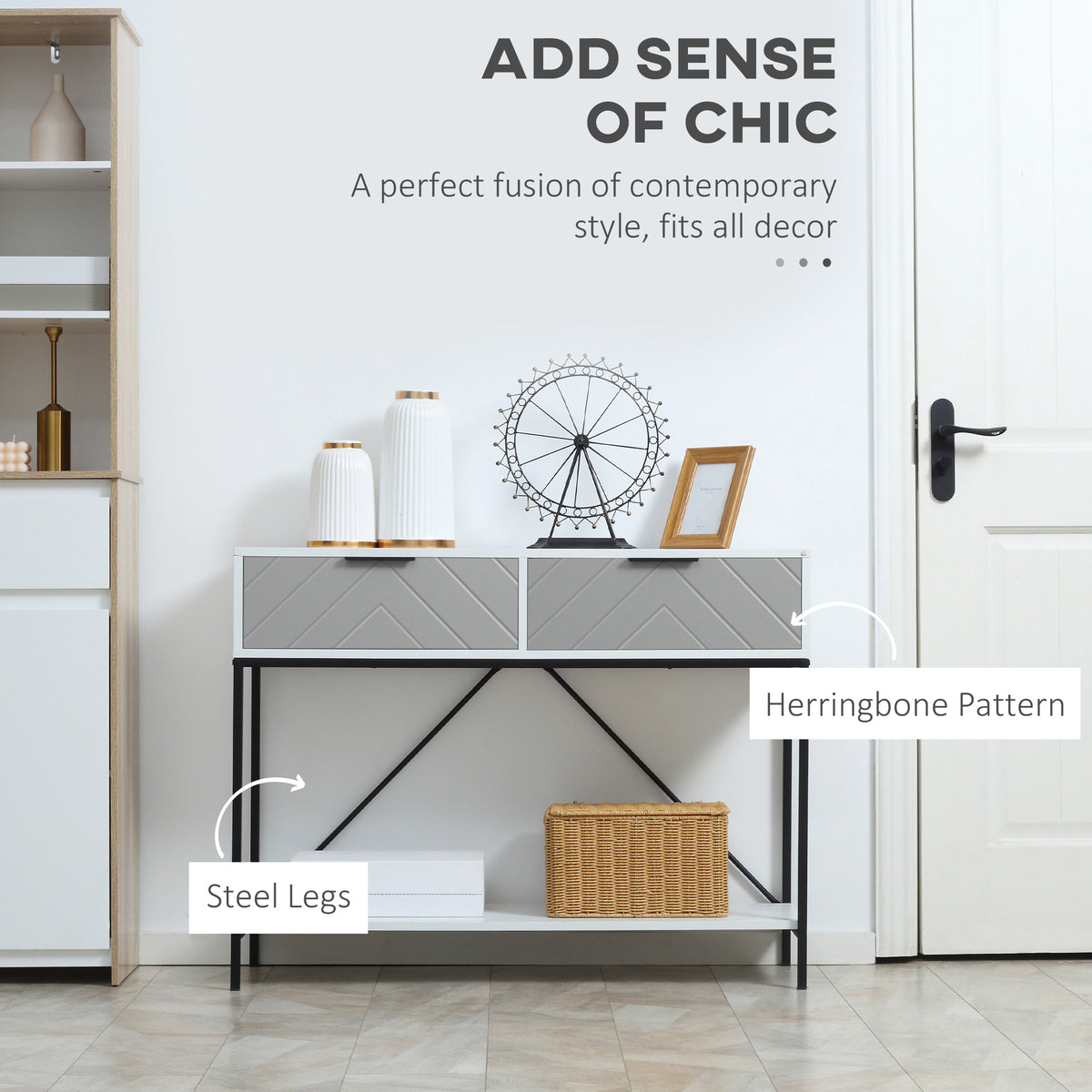 White Console Table with Drawers | 39.25" Entryway Table with Storage Shelf