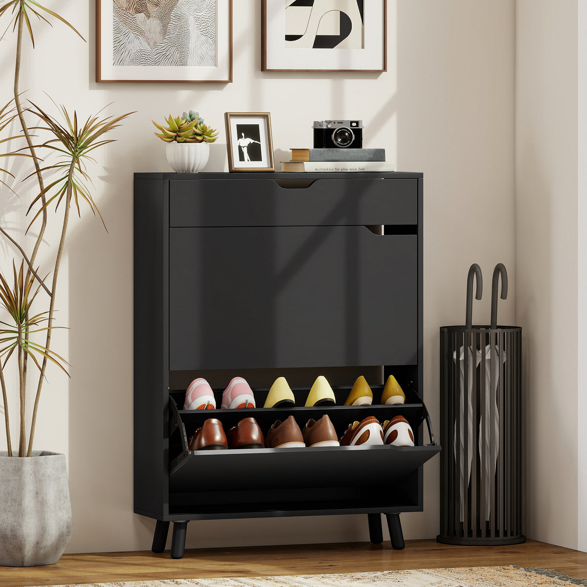 Black Narrow Shoe Cabinet | 39" Entryway Storage for 12 Pairs of Shoes