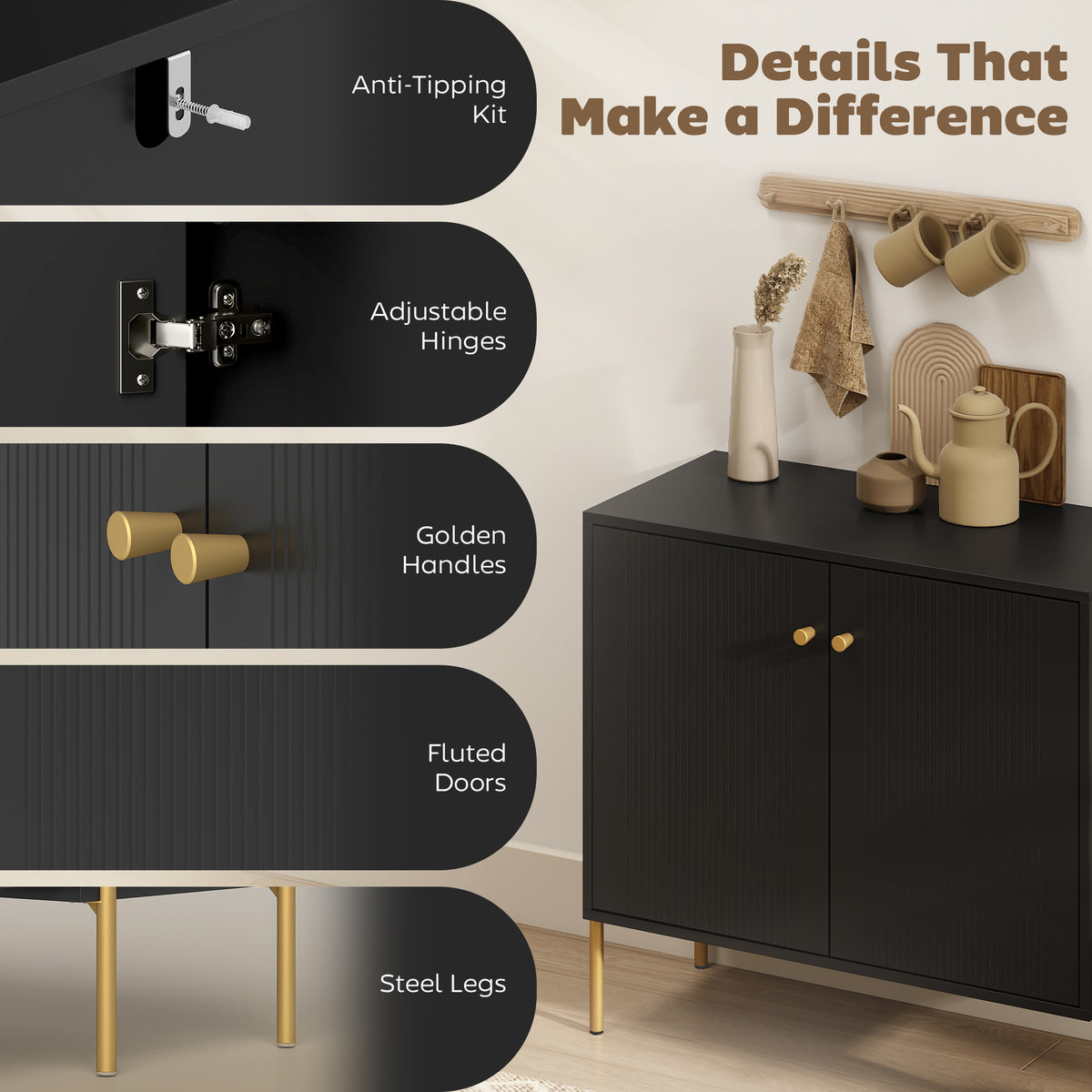 Modern Black Buffet Sideboard with Fluted Doors - dimensions