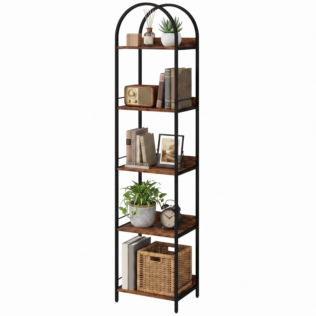 Rustic Brown Arched Bookshelf - angle view