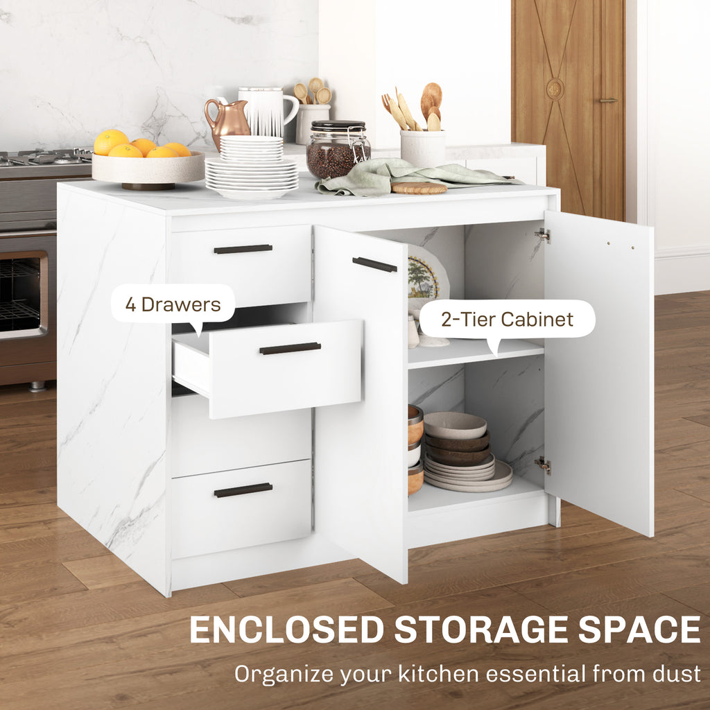 White Faux Marble Kitchen Island | 45.7" Storage Cabinet with 4 Drawers