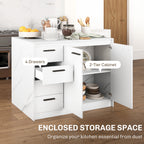 White Faux Marble Kitchen Island | 45.7" Storage Cabinet with 4 Drawers