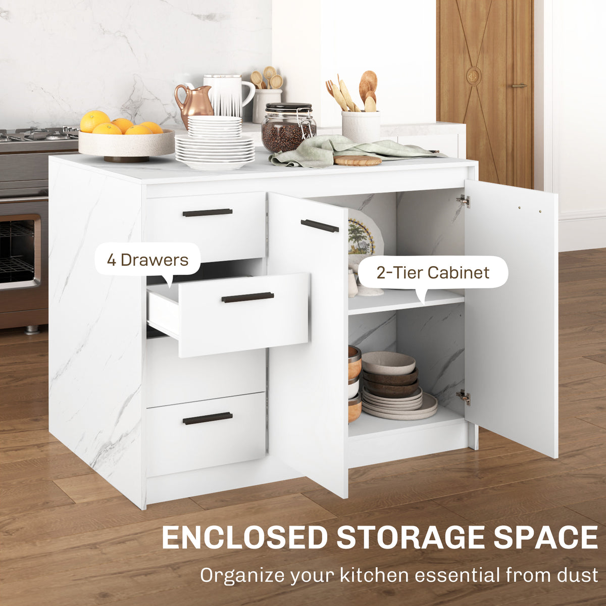 White Faux Marble Kitchen Island | 45.7" Storage Cabinet with 4 Drawers