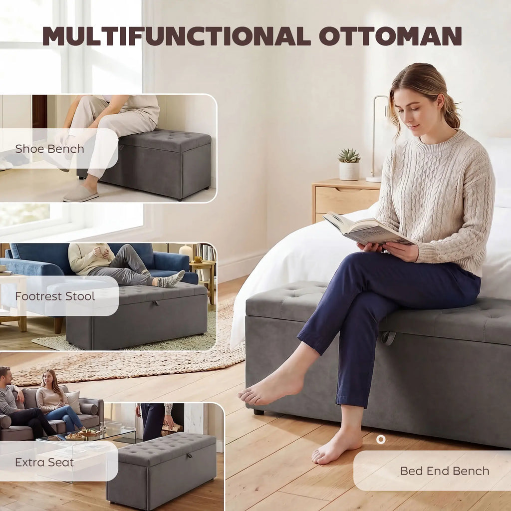 Grey Storage Ottoman | Large Tufted Bedroom Storage Bench