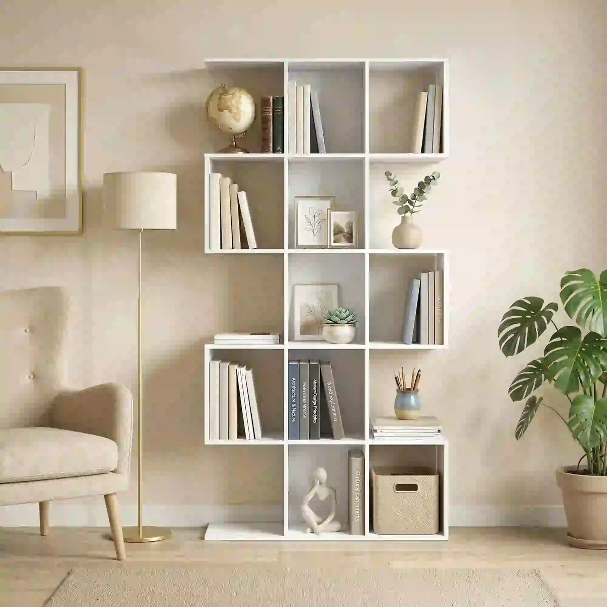 White Geometric Bookshelf | Multi-Level Open Storage Shelf