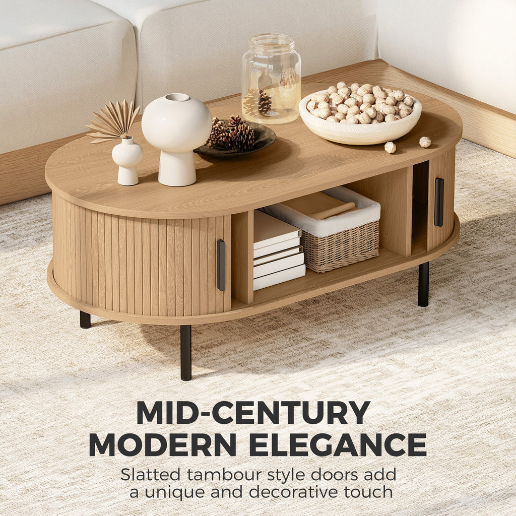 Natural Wood Coffee Table with Sliding Tambour Doors - detail view