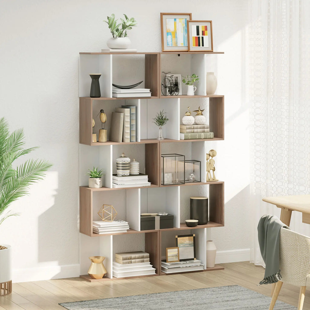 White & Oak Bookshelf | S-Shape Open Storage Shelf