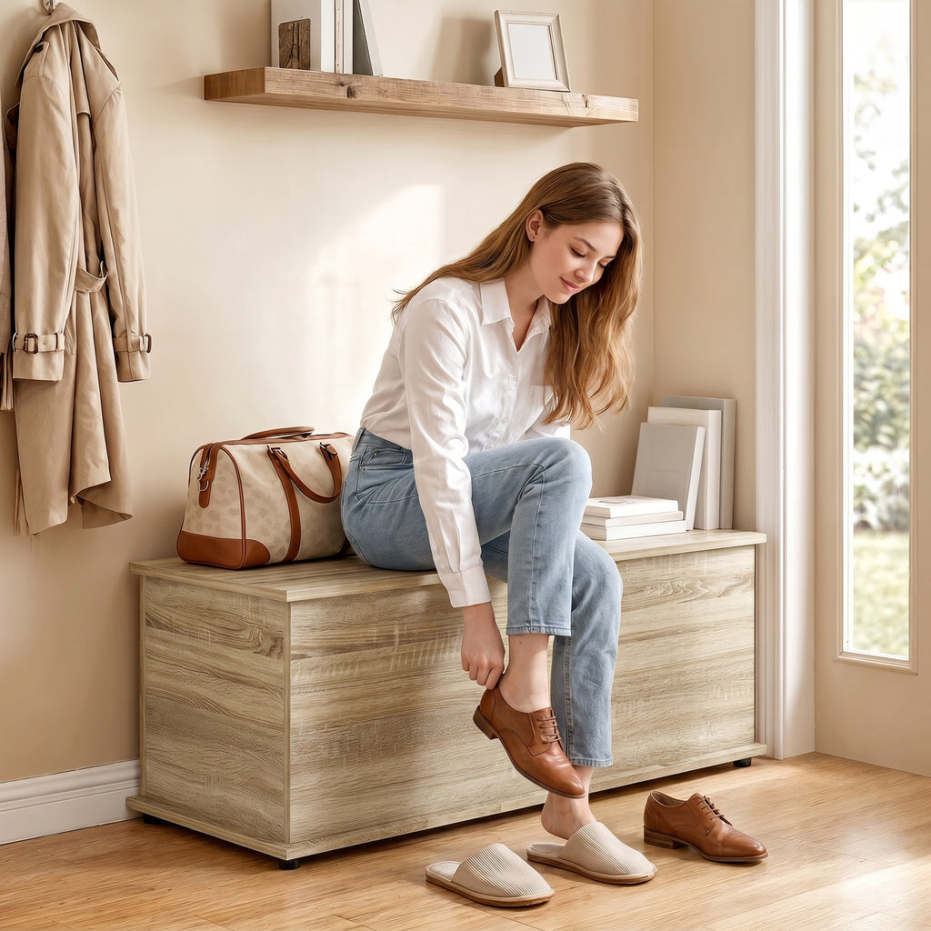 Natural Oak Storage Bench | Flip-Top Bedroom Storage Chest