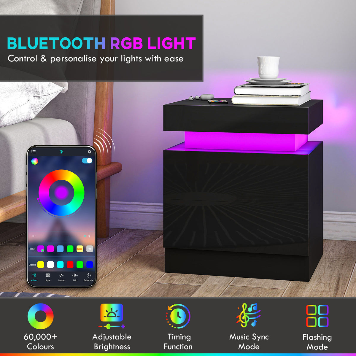 Black Nightstand Set of 2 | 20.5" LED Bedside Tables with Drawers