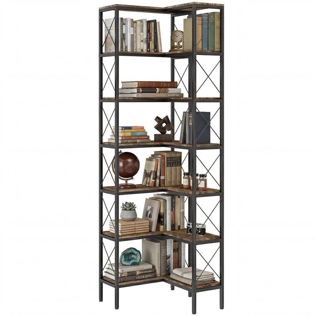 Rustic Brown L-Shaped Corner Bookshelf - angle view