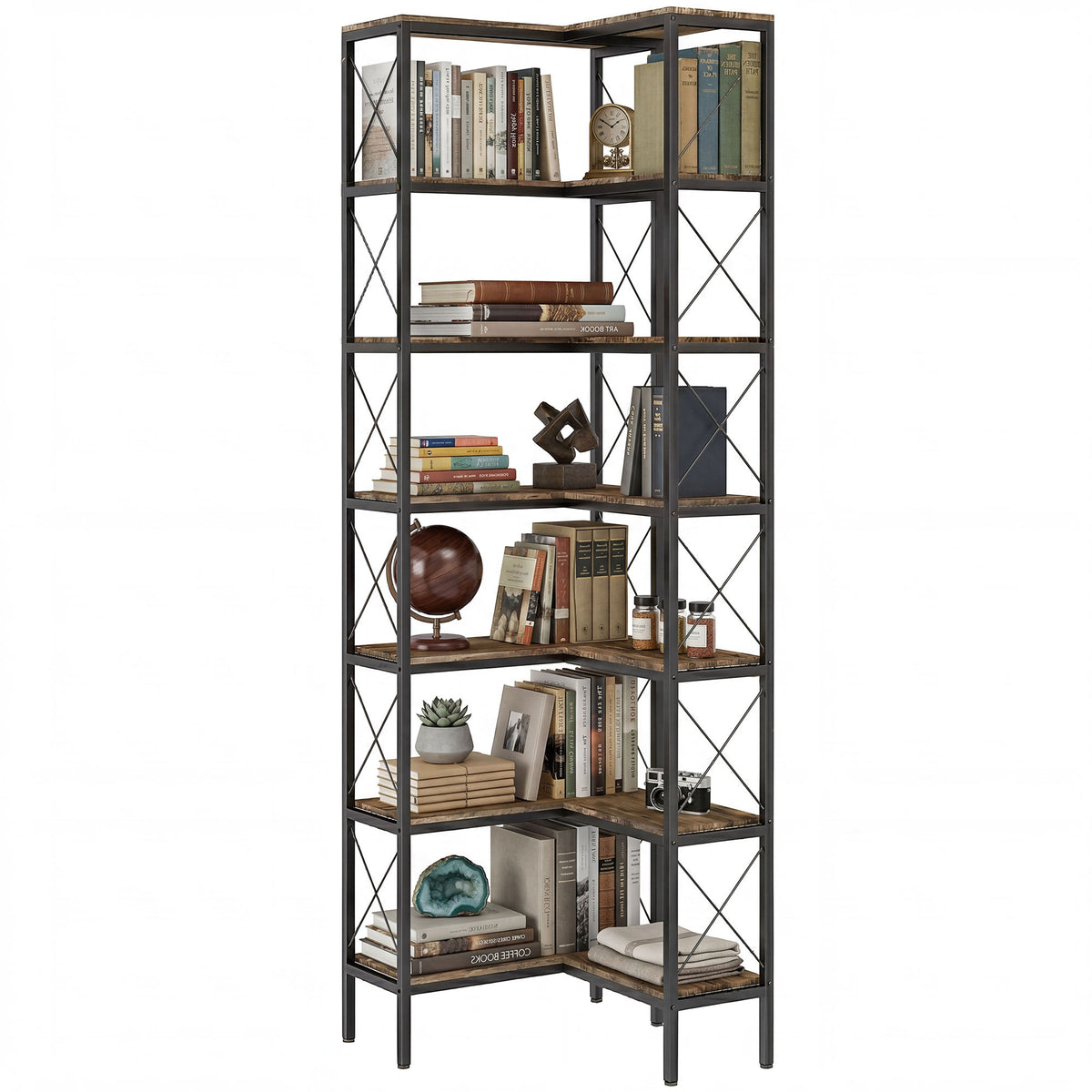 Rustic Brown L-Shaped Corner Bookshelf - angle view