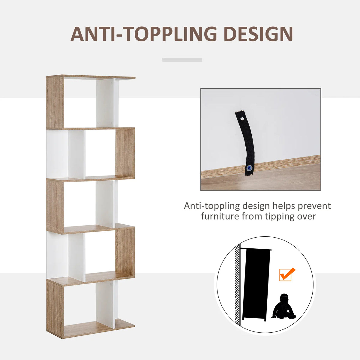 White & Oak Bookshelf | S-Shape Open Storage Shelf