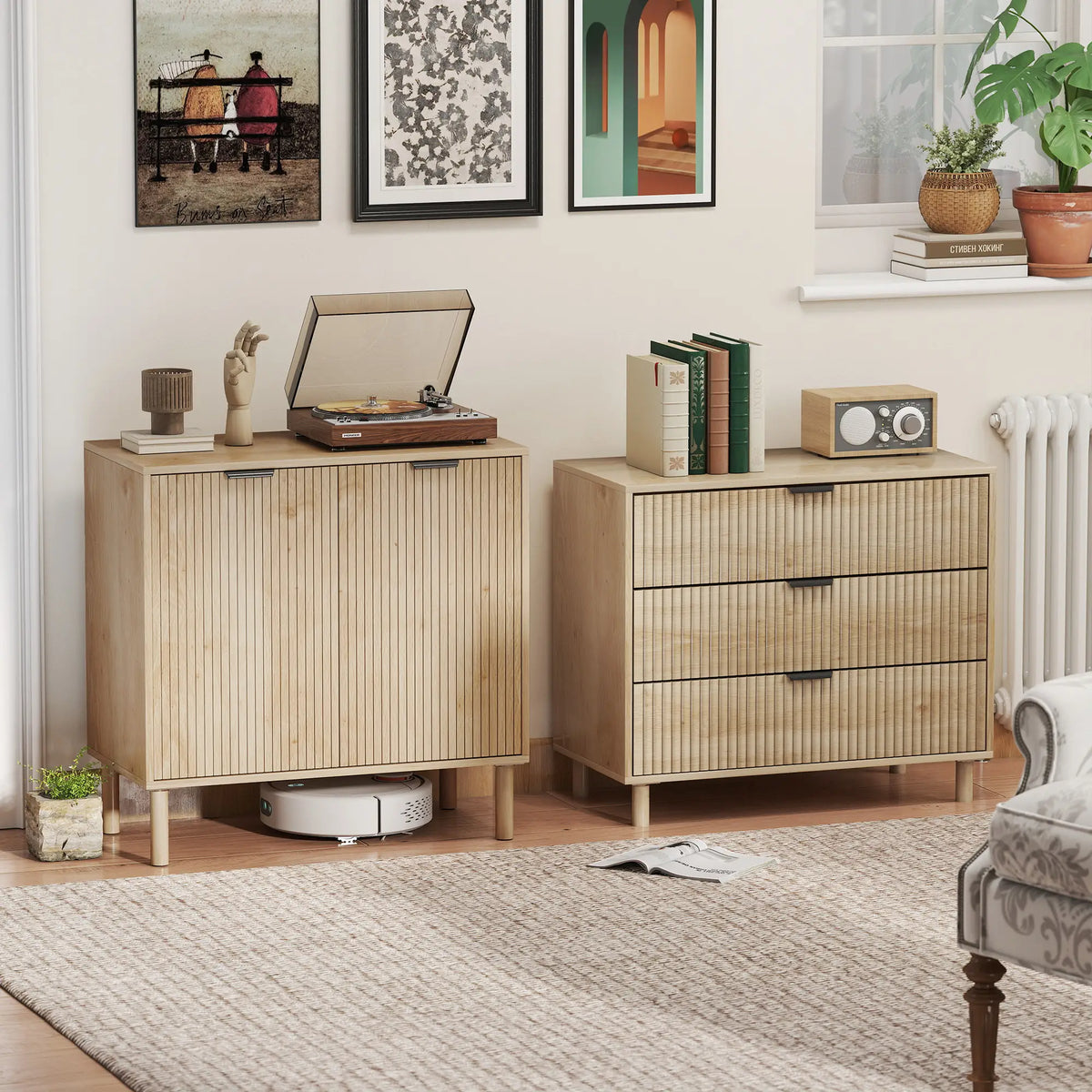 Natural Oak Storage Cabinet | Fluted 2-Door Accent Cabinet