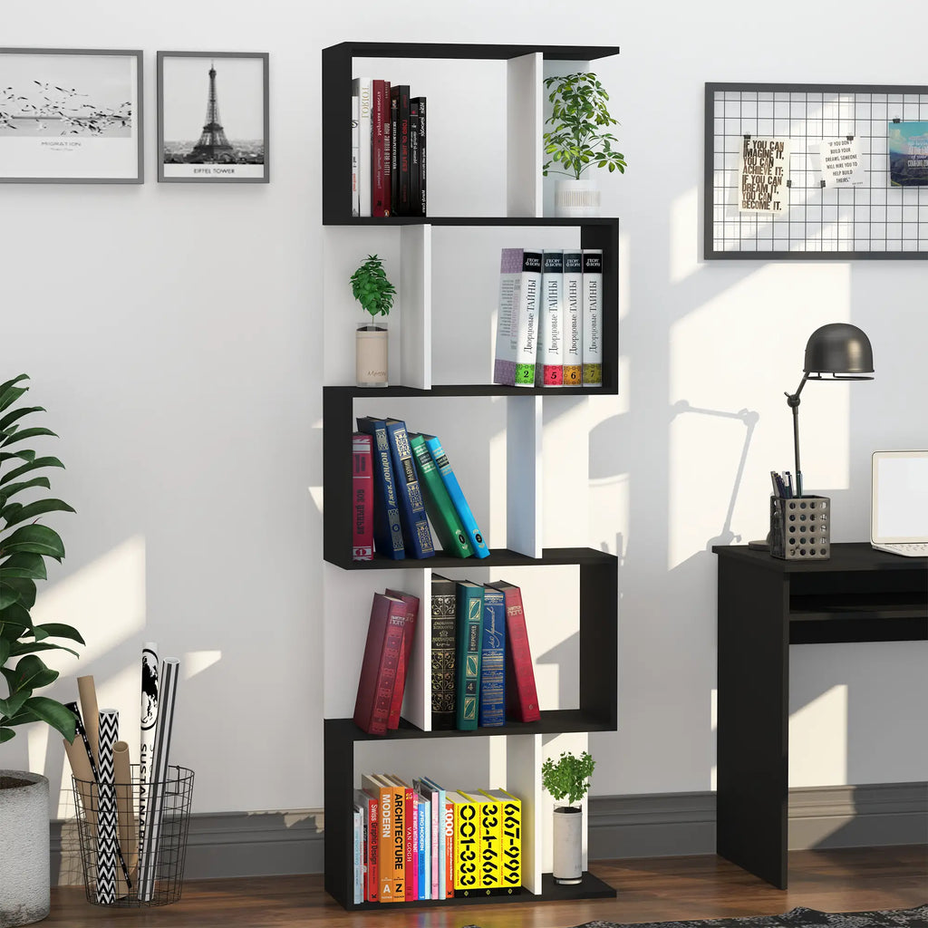 White & Oak Bookshelf | S-Shape Open Storage Shelf
