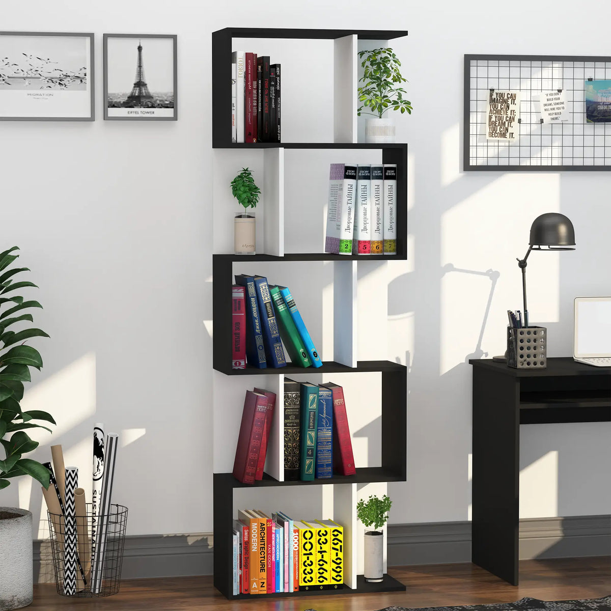 White & Oak Bookshelf | S-Shape Open Storage Shelf