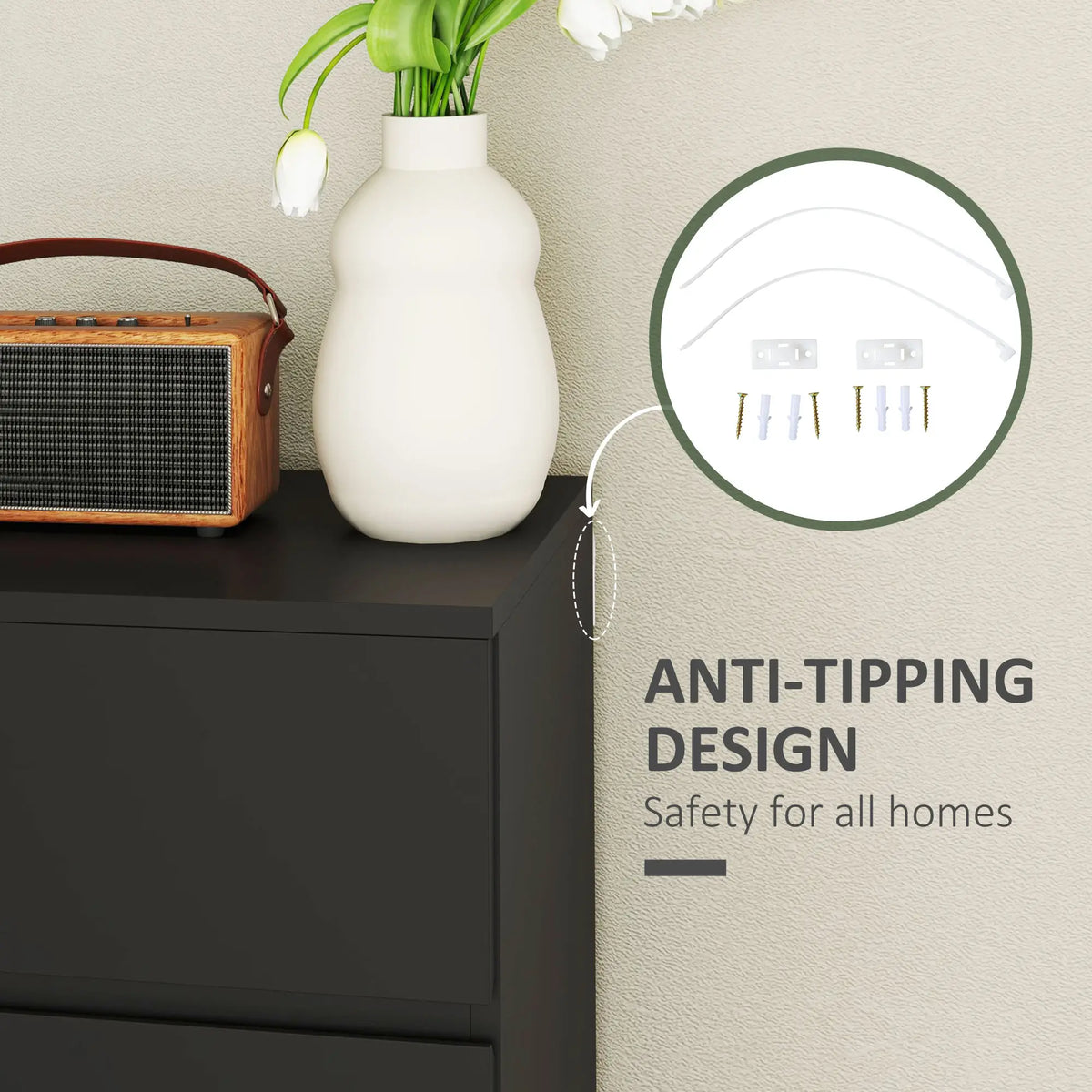 Black Chest of Drawers | Slim 4-Drawer Storage Dresser