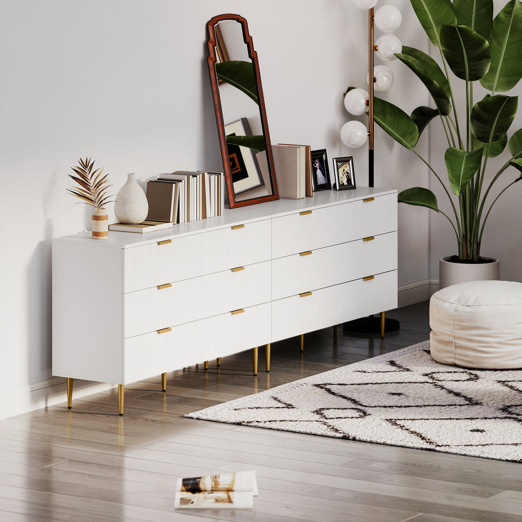 White Dresser | 6-Drawer Chest of Drawers with Gold Legs