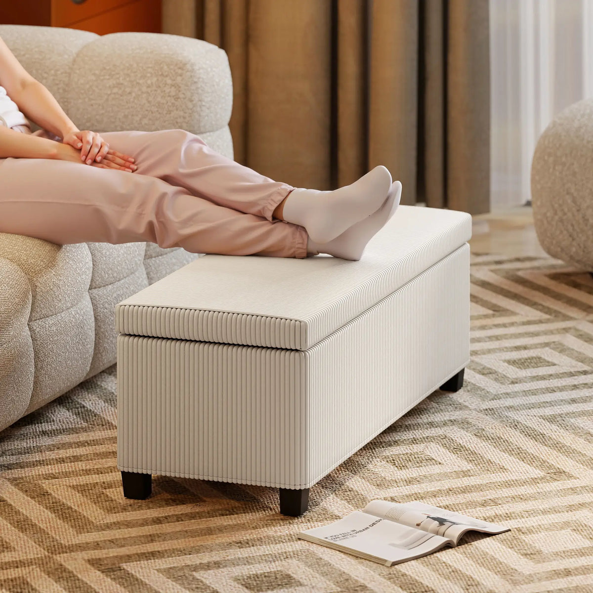 Ivory Storage Ottoman | Ribbed Bedroom Storage Bench