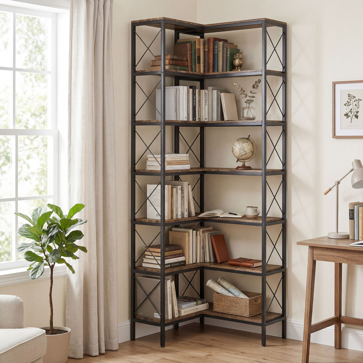 Rustic Brown L-Shaped Corner Bookshelf - lifestyle view 2