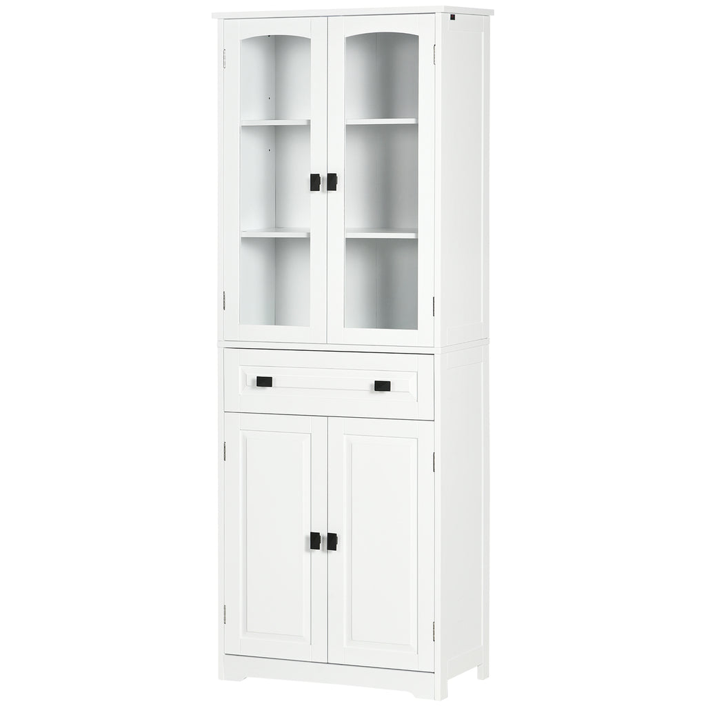 White 4-Door Kitchen Pantry Cabinet | 63" Freestanding Storage Cupboard with Glass Doors
