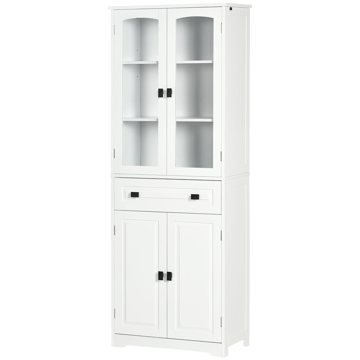 White 4-Door Kitchen Pantry Cabinet | 63" Freestanding Storage Cupboard with Glass Doors