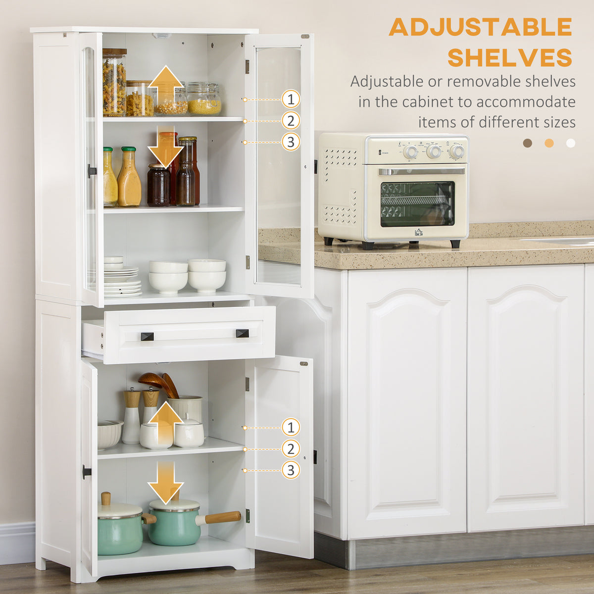 White 4-Door Kitchen Pantry Cabinet | 63" Freestanding Storage Cupboard with Glass Doors