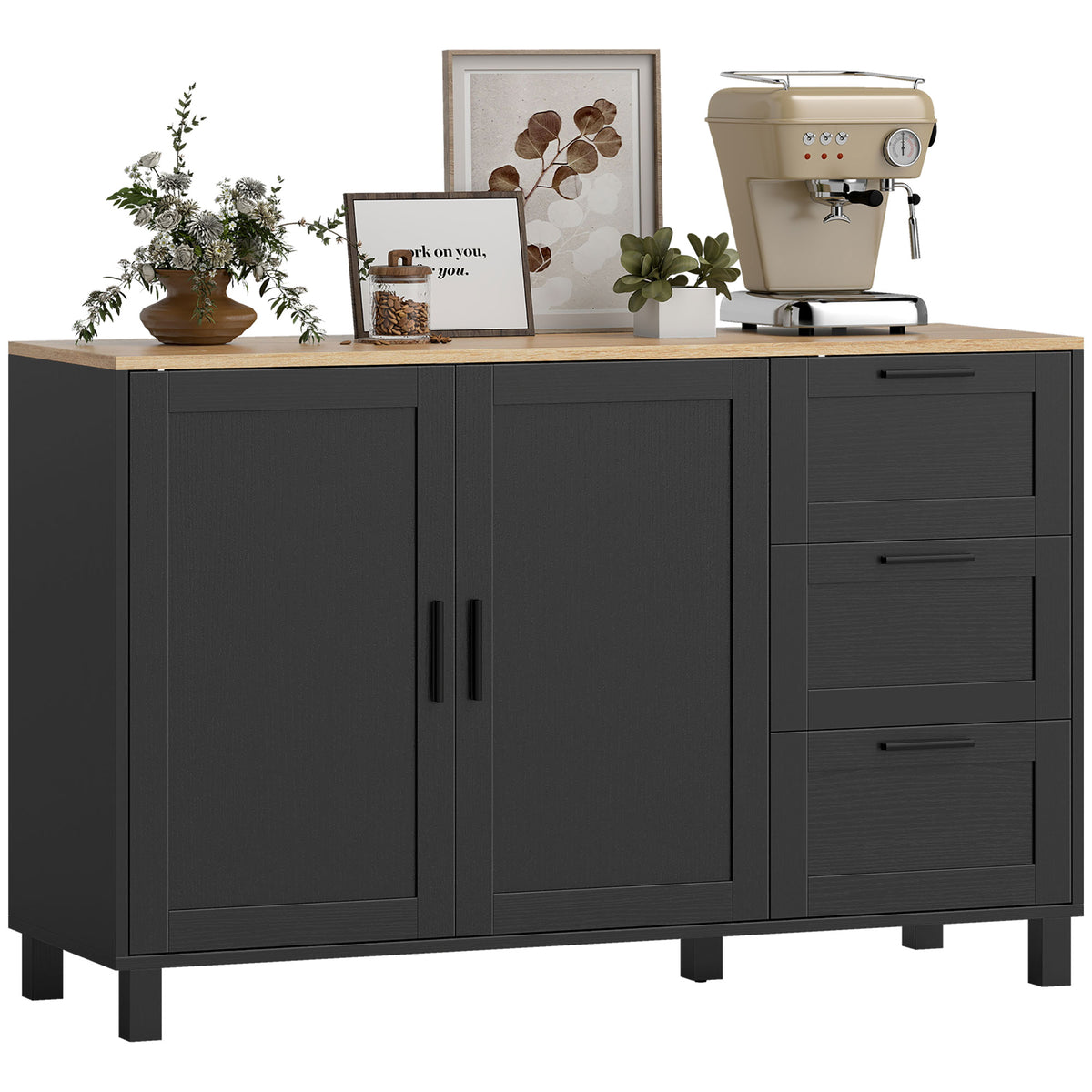 Black Modern Buffet Sideboard | 47.2" Wide Cabinet with Soft-Close Doors and 3 Drawers