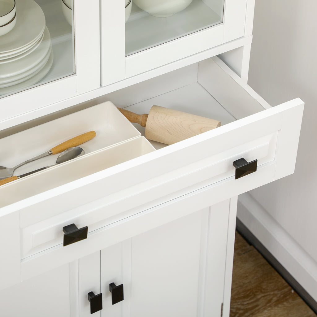 White 4-Door Kitchen Pantry Cabinet | 63" Freestanding Storage Cupboard with Glass Doors