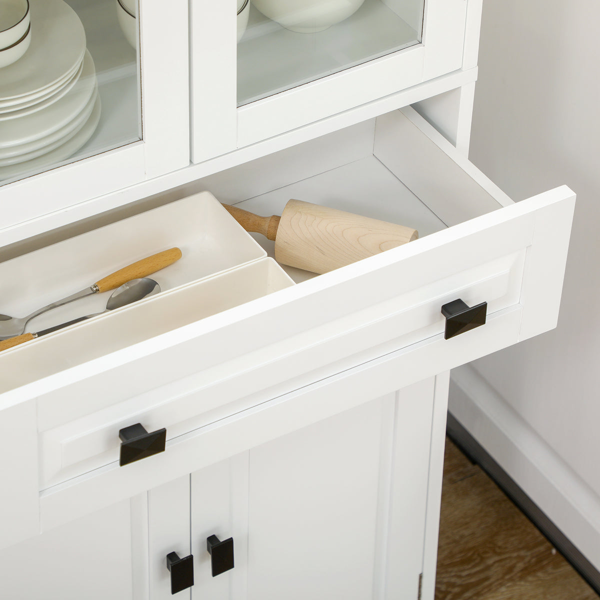 White 4-Door Kitchen Pantry Cabinet | 63" Freestanding Storage Cupboard with Glass Doors