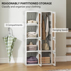 White Portable Wardrobe | 53.5" Foldable Plastic Closet with 5 Compartments and Hanging Rod