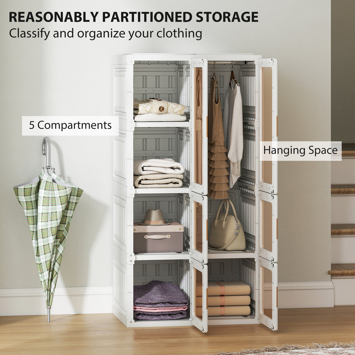 White Portable Wardrobe | 53.5" Foldable Plastic Closet with 5 Compartments and Hanging Rod