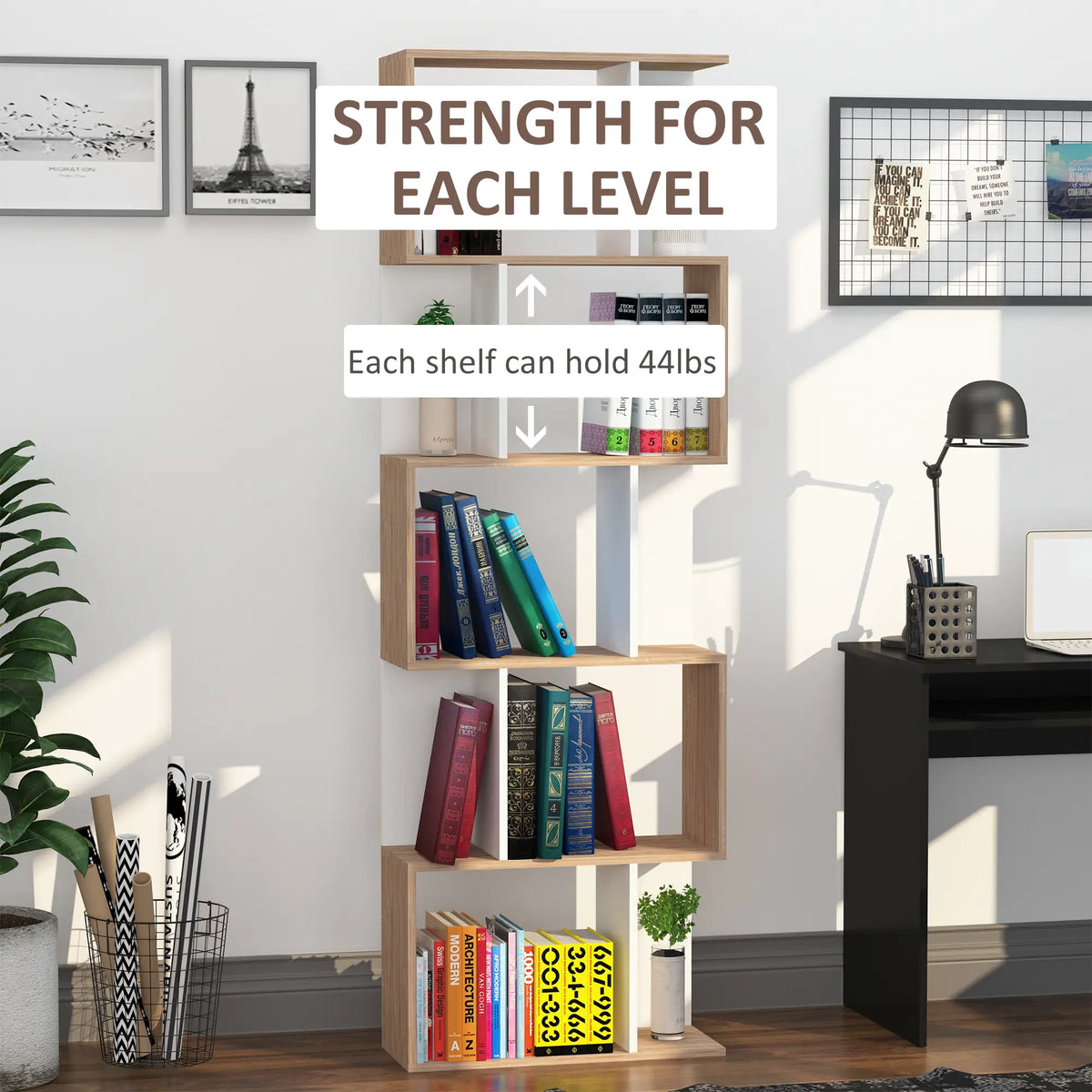 White & Oak Bookshelf | S-Shape Open Storage Shelf