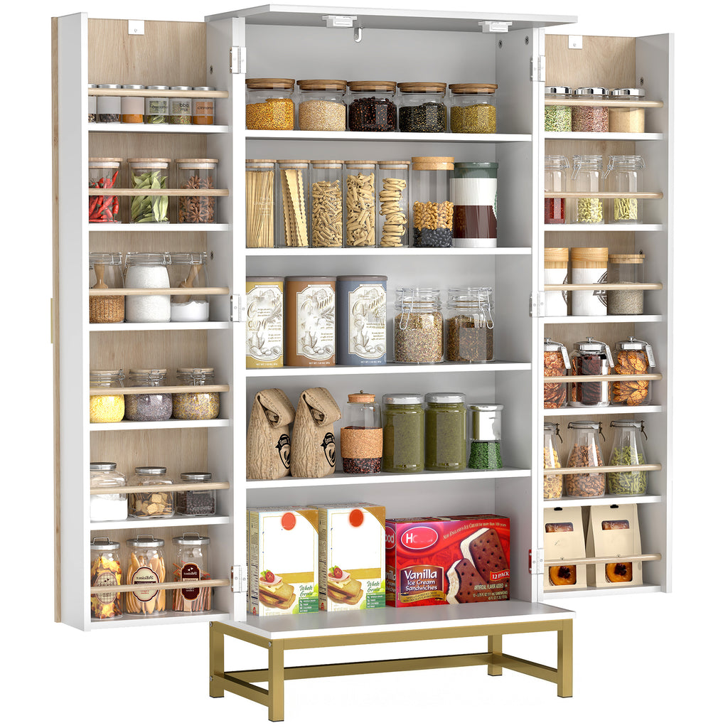 White Kitchen Pantry Cabinet | 47" Freestanding Storage Cabinet with 12 Door Shelves