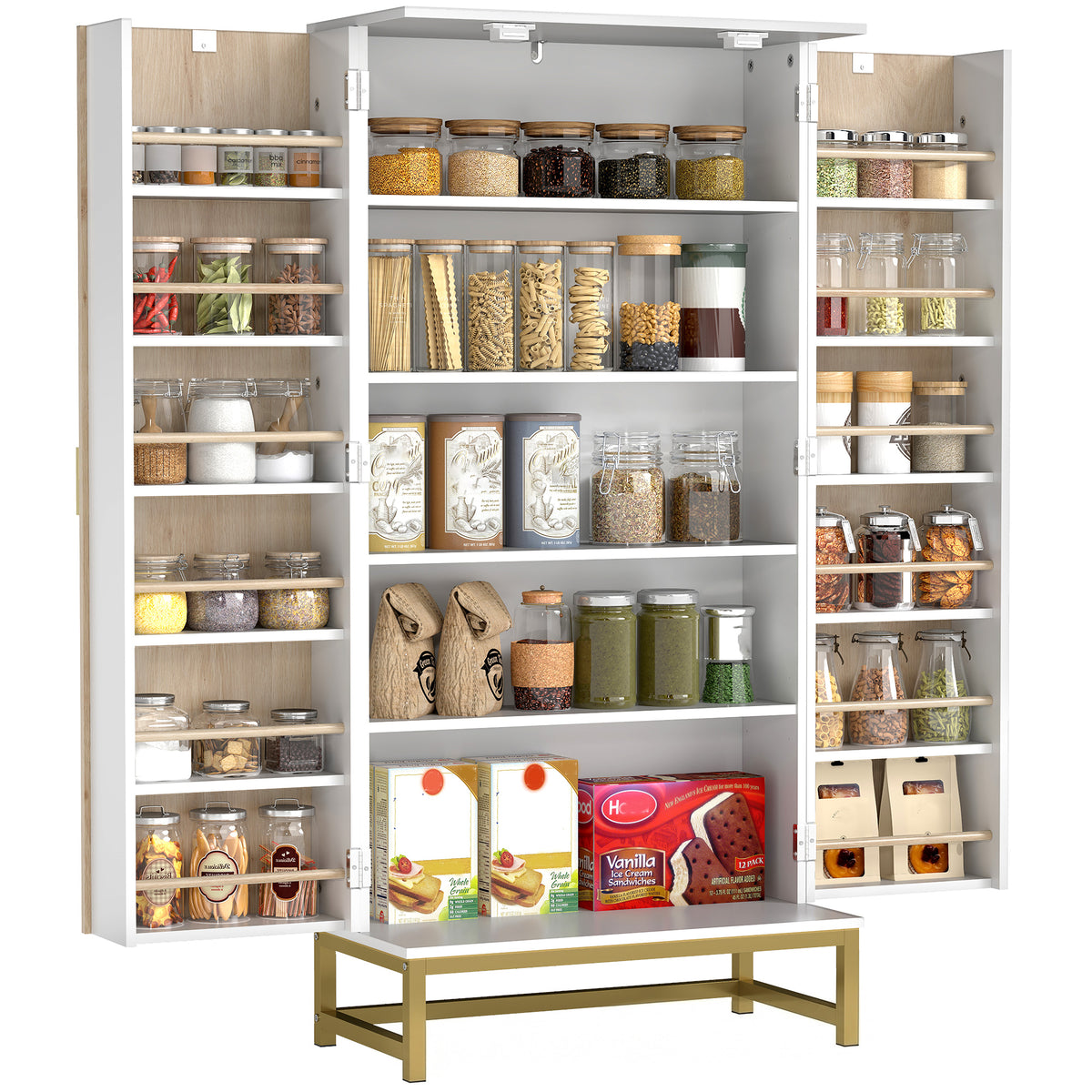 White Kitchen Pantry Cabinet | 47" Freestanding Storage Cabinet with 12 Door Shelves