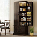 Brown 72" LED Kitchen Pantry Cabinet | Buffet Storage with 10 Door Shelves