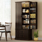 Brown 72" LED Kitchen Pantry Cabinet | Buffet Storage with 10 Door Shelves