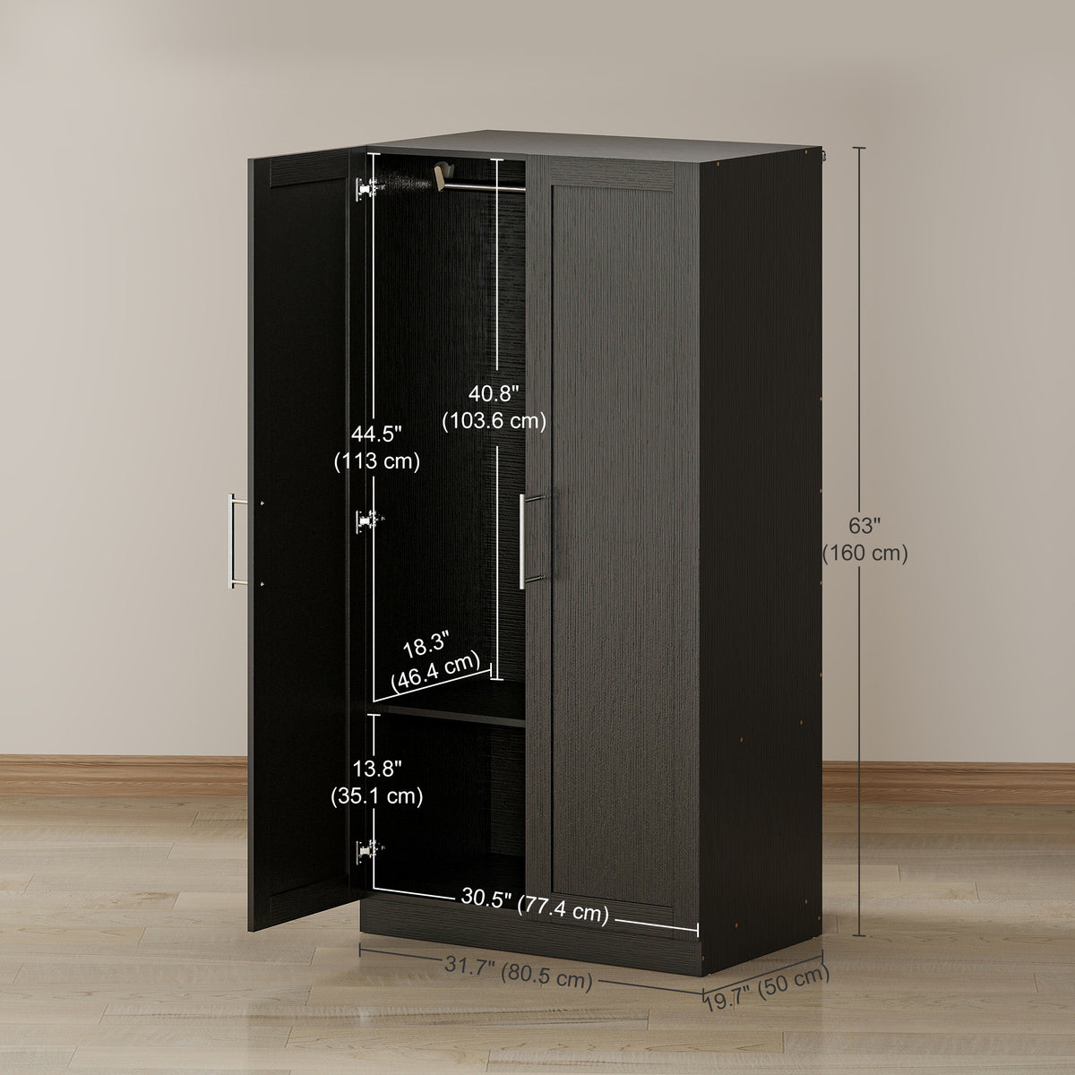 Black Wood-Effect Wardrobe | 63" Tall Armoire Closet with 2 Doors and Hanging Rod