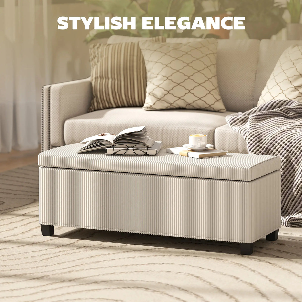 Ivory Storage Ottoman | Ribbed Bedroom Storage Bench