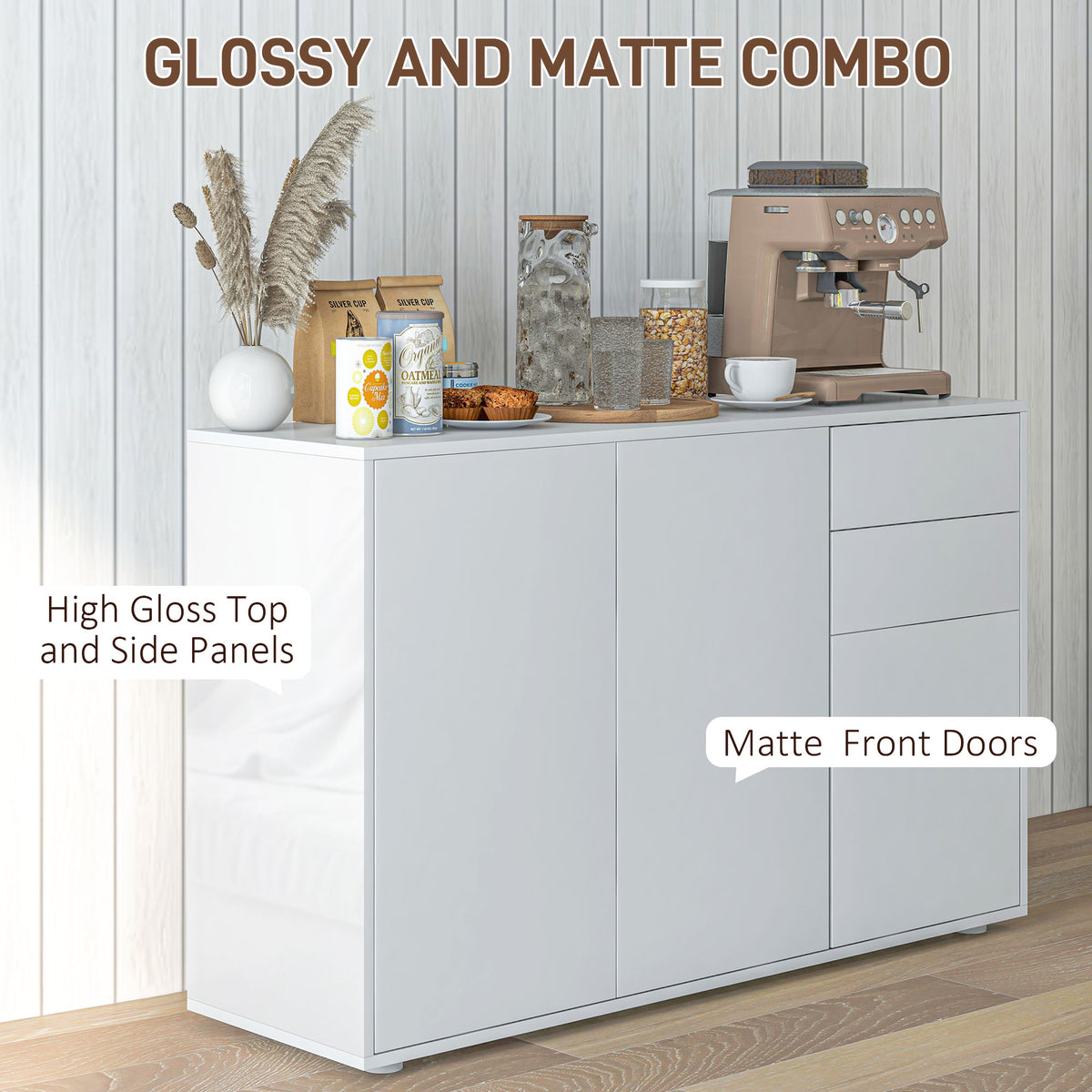 White Kitchen Sideboard Cabinet | 46.1" Push-Open Coffee Bar with Drawers