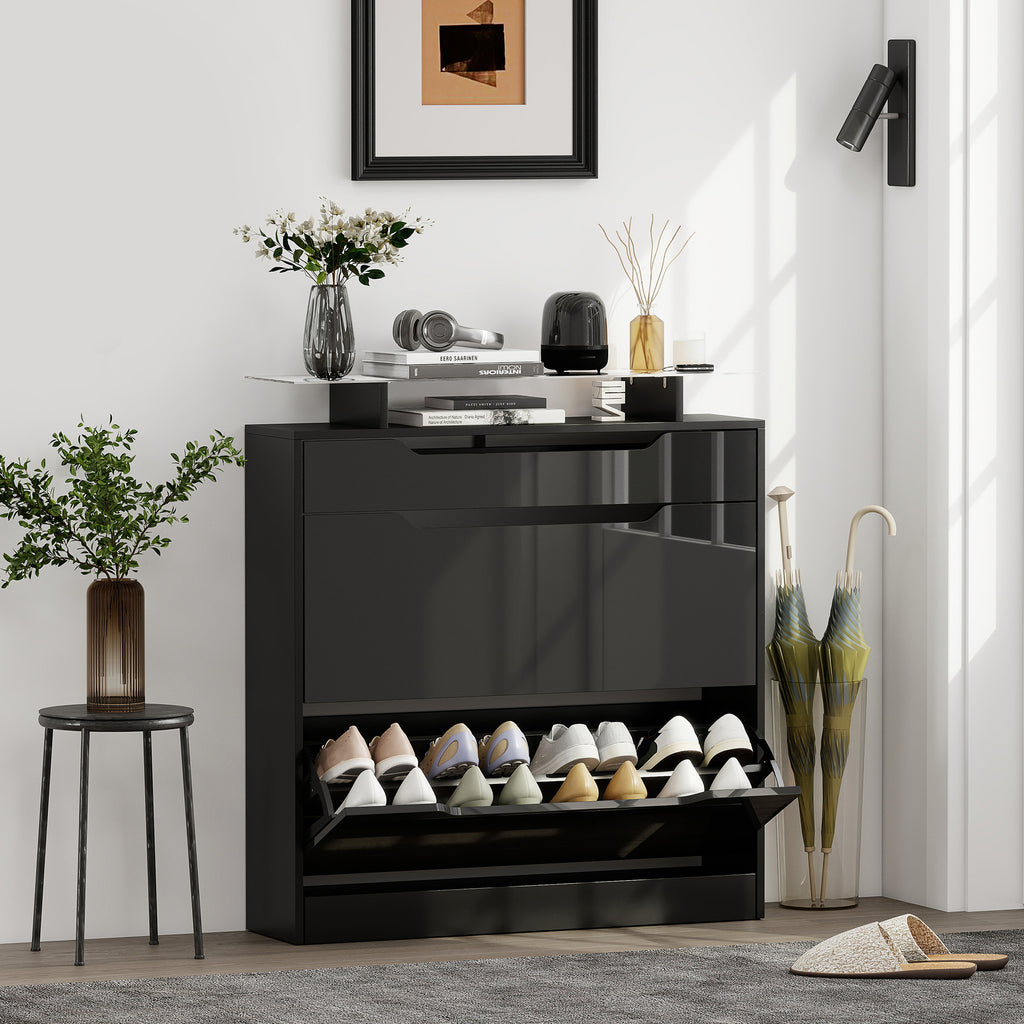Black Shoe Cabinet | Entryway Shoe Storage with Tilt-Out Drawer