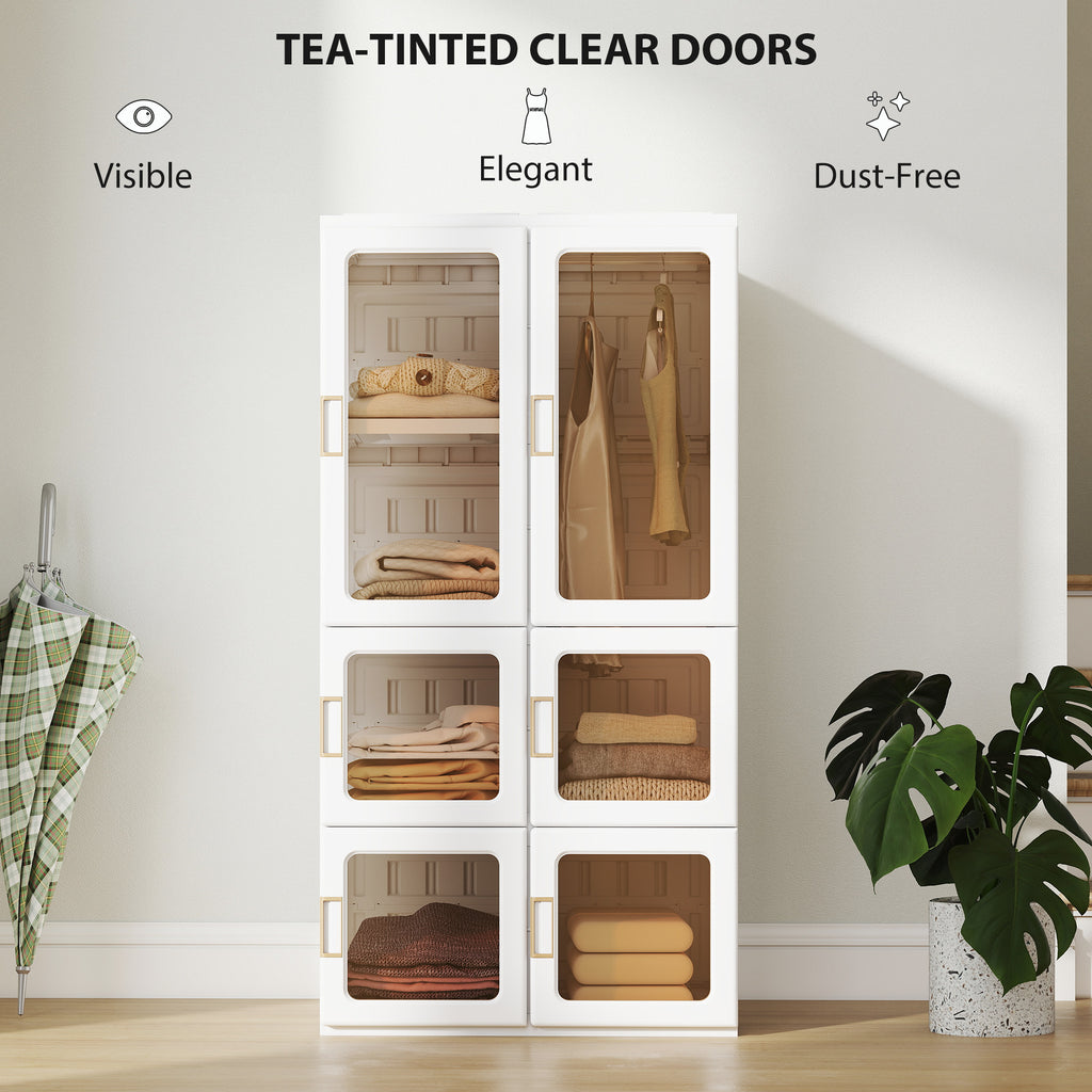 White Portable Wardrobe | 53.5" Foldable Plastic Closet with 5 Compartments and Hanging Rod