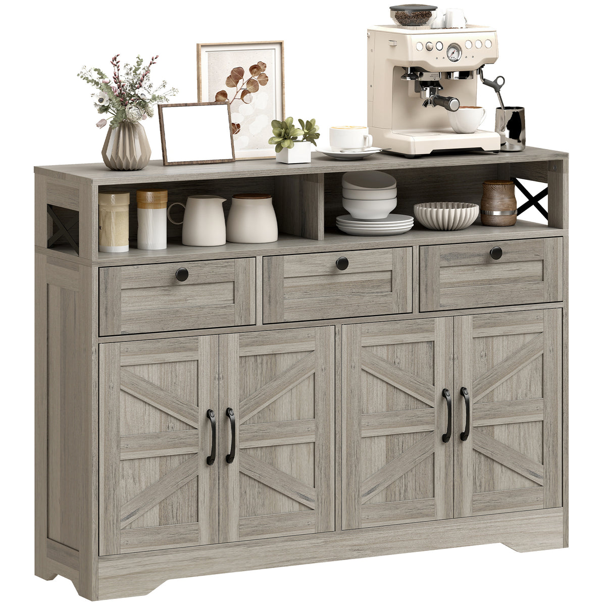 Grey Barn Door Sideboard | 47.2" Buffet Cabinet with Drawers and Adjustable Shelves