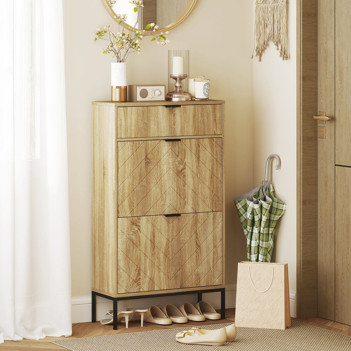 Oak Narrow Shoe Storage Cabinet | 41.5" Entryway Cabinet with Flip Drawers, Holds 8 Pairs