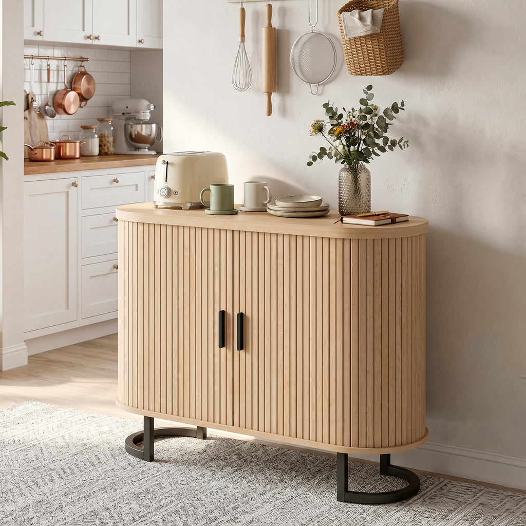 Natural Wood Sideboard Buffet Cabinet with Curved Tambour Doors - lifestyle view