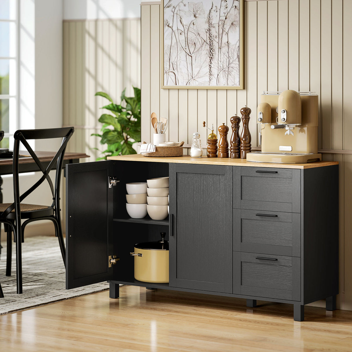 Black Modern Buffet Sideboard | 47.2" Wide Cabinet with Soft-Close Doors and 3 Drawers