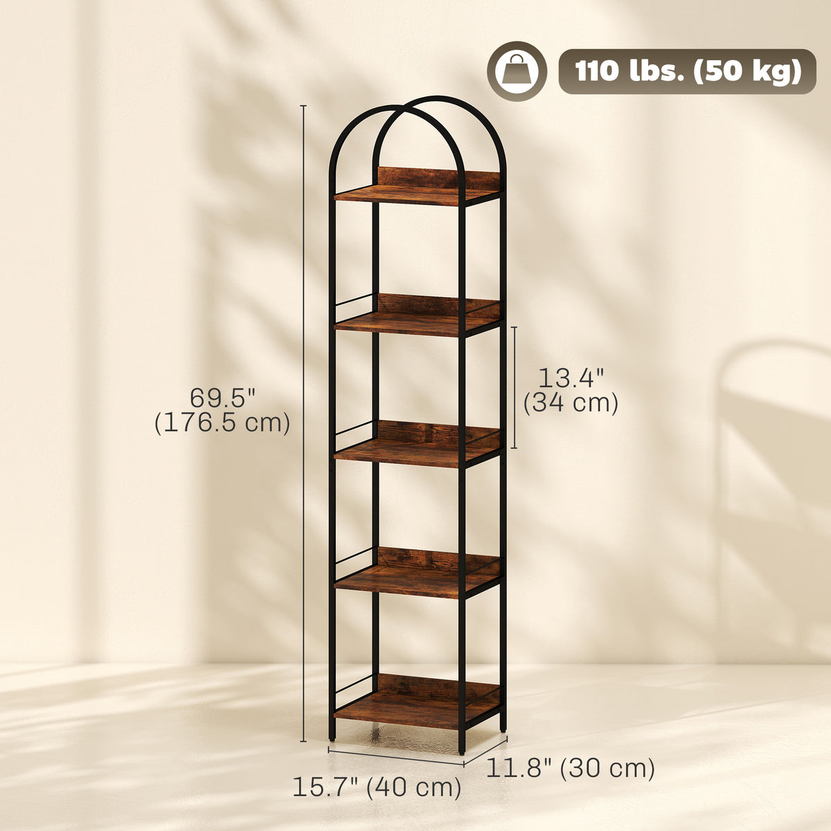 Rustic Brown Arched Bookshelf - arched top detail